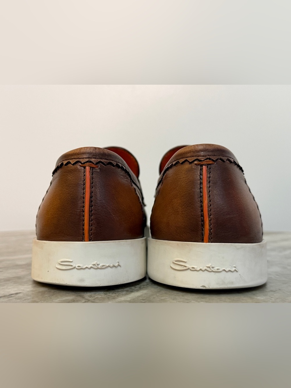 SANTONI BROWN / TAN Loafers UK 10.5 / US 11.5 Moccasin Slippers Rubber Sole $950 - Picture 6 of 12
